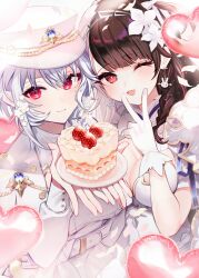 Rule 34 | 2girls, armor, balloon, belt, black hair, bow, braid, breasts, cake, cake slice, cleavage, dress, earrings, flower, food, fruit, gloves, grey hair, hair bow, hair flower, hair ornament, hakase fuyuki, hakase fuyuki (8th costume), hat, heart, heart balloon, highres, holding, holding food, holding plate, jewelry, large breasts, lily (flower), long hair, long sleeves, looking at viewer, military uniform, multicolored hair, multiple girls, nijisanji, official alternate costume, one eye closed, one side up, peaked cap, plate, red eyes, red hair, shirt, short hair, shoulder armor, single braid, smile, split-color hair, strawberry, streaked hair, two-tone hair, uniform, v, virtual youtuber, white belt, white bow, white dress, white flower, white gloves, white hair, white hat, white lily, white shirt, yomogi (dora00gong), yorumi rena, yorumi rena (8th costume)