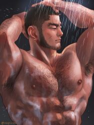 Rule 34 | 1boy, abs, armpit hair, bara, chest hair, closed eyes, closed mouth, facial hair, facial scar, golden kamuy, hairy, large pectorals, long sideburns, male focus, muscular, muscular male, nipples, nopinzo, pectorals, scar, scar on cheek, scar on face, showering, sideburns, solo, tanigaki genjirou, twitter username, upper body, water