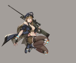 Rule 34 | 1girl, breasts, brown hair, cleavage, fingerless gloves, gloves, grey background, gun, hat, highres, j. won han, long hair, over shoulder, peaked cap, rifle, shorts, simple background, sniper rifle, solo, source request, thighhighs, weapon, weapon over shoulder