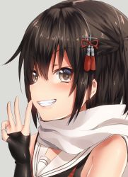 Rule 34 | 10s, 1girl, bare shoulders, blush, brown eyes, brown hair, elbow gloves, fingerless gloves, gloves, grin, hair ornament, kantai collection, keita (tundereyuina), looking at viewer, ok sign, scarf, sendai (kancolle), sendai kai ni (kancolle), short hair, smile, solo, two side up