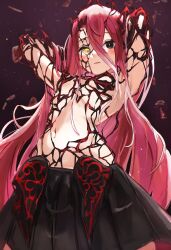 Rule 34 | 1girl, absurdres, areola slip, armpits, arms up, black eyes, black skirt, blush, breasts, dark background, fate/grand order, fate (series), hair between eyes, heterochromia, highres, klash, long bangs, long hair, looking at viewer, navel, parted lips, red hair, revealing clothes, skirt, small breasts, solo, typhon ephemeros (fate), yellow eyes