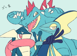 Rule 34 | claws, creature, creatures (company), feraligatr, furry, game freak, gen 2 pokemon, gen 6 pokemon, gen 8 pokemon, greninja, inteleon, nintendo, pokemon, pokemon (creature), red eyes, sharp teeth, shiwo (siwosi), simple background, teeth, tongue, tongue out, upper body, v, w, white background, yellow eyes