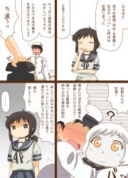 Rule 34 | 10s, 1boy, 2girls, ?, abyssal ship, admiral (kancolle), arms around neck, arms at sides, black hair, blank stare, blush, dress, closed eyes, faceless, faceless male, fubuki (kancolle), hug, jitome, kanosawa, kantai collection, long hair, military, military uniform, multiple girls, naval uniform, northern ocean princess, school uniform, serafuku, short twintails, smile, translation request, twintails, uniform, white dress, white hair