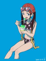 Rule 34 | 1girl, asukagawa chise, bikini, black bikini, blue eyes, braid, commentary request, eating, food, gridman universe, gridman universe (film), ice cream, looking at viewer, mole, mole under mouth, official alternate costume, open mouth, pisto1star, red hair, sitting, solo, ssss.dynazenon, sunglasses, swimsuit, twin braids