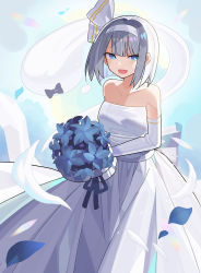Rule 34 | 1girl, :d, bare shoulders, blue eyes, blunt bangs, bouquet, collarbone, commentary request, dress, elbow gloves, falken (yutozin), flower, gloves, hairband, highres, holding, holding bouquet, konpaku youmu, konpaku youmu (ghost), looking at viewer, open mouth, petals, short hair, silver hair, smile, solo, touhou, wedding dress, white dress, white hairband