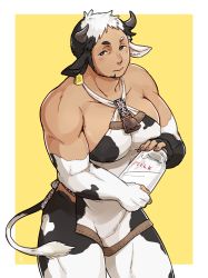 Rule 34 | 1boy, animal ears, animal print, bara, bare shoulders, beard, black hair, blush, body fur, bottle, brothers (ff8), costume request, covered erect nipples, cow boy, cow ears, cow horns, cow print, cow tail, dark-skinned male, dark skin, facial hair, feet out of frame, final fantasy, final fantasy v, highres, holding, holding bottle, horns, kaniharu, large pectorals, long sideburns, looking at viewer, male focus, mature male, milk bottle, multicolored hair, muscular, muscular male, original, pectorals, pelvic curtain, personification, puffy chest, short hair, sideburns, sidepec, solo, tail, thick thighs, thighs, two-tone hair, white hair
