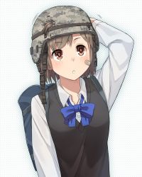 Rule 34 | 1girl, bag, black vest, blue bag, blue bow, blue bowtie, bow, bowtie, brown eyes, camouflage, camouflage headwear, commentary request, grey hair, hair through headwear, halftone, halftone background, hand on headwear, helmet, itou (onsoku tassha), long sleeves, original, parted lips, school bag, shirt, solo, teeth, upper teeth only, vest, white background, white shirt