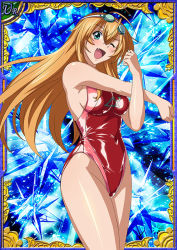Rule 34 | 00s, 1girl, bare legs, breasts, card (medium), competition swimsuit, curvy, female focus, happy, ikkitousen, large breasts, long hair, looking at viewer, one-piece swimsuit, one eye closed, open mouth, shiny skin, smile, sonsaku hakufu, swimsuit, wink