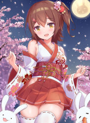 Rule 34 | 1girl, bare shoulders, blush, breasts, brown eyes, brown hair, cherry blossoms, collarbone, cowboy shot, detached sleeves, dot nose, falling petals, floral print kimono, floral print sleeves, flower, full moon, hair flower, hair ornament, hairclip, hands up, highres, idolmaster, idolmaster million live!, idolmaster million live! theater days, japanese clothes, kasuga mirai, kimono, kimono skirt, koaya, long sleeves, looking at viewer, medium breasts, miniskirt, moon, night, night sky, one side up, open mouth, outdoors, petals, pink flower, pleated skirt, pom pom (clothes), pom pom hair ornament, rabbit, red skirt, red trim, ribbon-trimmed sleeves, ribbon-trimmed thighhighs, ribbon trim, short hair, short kimono, side ponytail, side slit, signature, skirt, sky, sleeveless, sleeveless kimono, smile, solo, standing, thighhighs, white kimono, white sleeves, white thighhighs, wide sleeves, zettai ryouiki