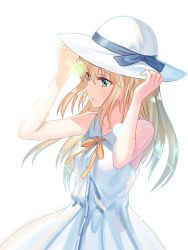 Rule 34 | 1girl, alternate costume, artoria pendragon (all), artoria pendragon (fate), berrykanry, blonde hair, dress, fate/stay night, fate (series), green eyes, grey ribbon, hair between eyes, hat, hat ribbon, highres, lens flare, long hair, neck ribbon, pixiv fate/grand order contest 2, ribbon, saber (fate), simple background, sleeveless, sleeveless dress, solo, standing, sun hat, white background, white dress, white hat, yellow ribbon