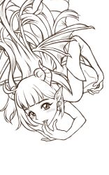 1girl absurdres ahoge banghwadongjopidi blush commentary demon_girl demon_horns demon_wings devi_(master_of_eternity) earrings elbow_gloves gloves grabbing_own_breast greyscale highres horns jewelry korean_commentary licking_own_finger lineart long_hair looking_at_viewer master_of_eternity medibang_paint_(medium) monochrome open_mouth pointy_ears saliva sketch skull_earrings smile solo unfinished upside-down wings