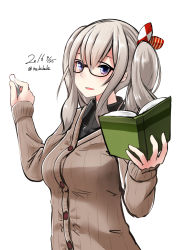 Rule 34 | 10s, 1girl, artist name, bad id, bad pixiv id, bespectacled, blue eyes, book, cardigan, chalk, dated, glasses, highres, holding, holding book, kantai collection, kashima (kancolle), nekobaka, open book, ribbed sweater, signature, silver hair, simple background, solo, sweater, twintails, twitter username