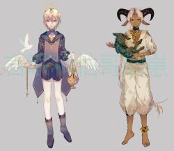 Rule 34 | 2boys, angel wings, animal, animal ears, asymmetrical legwear, bare shoulders, barefoot, bell, belt, bird, black belt, black choker, black footwear, black horns, black sailor collar, black shirt, black shorts, blonde hair, blue choker, blue eyes, blue sleeves, boots, braid, buttons, chain, chinese commentary, choker, circlet, closed mouth, clothing cutout, collarbone, collared shirt, commentary request, cross, dark-skinned male, dark skin, expressionless, full body, goat, goat ears, goat horns, gold chain, grey background, halo, highres, holding, holding animal, holding chain, horns, jar, jingle bell, knees, long hair, long sleeves, male focus, midriff, mismatched legwear, multiple boys, navel, original, pants, parted bangs, pigeon, puffy long sleeves, puffy pants, puffy sleeves, sailor collar, shirt, short hair, shorts, shoulder cutout, simple background, single braid, sleeves past elbows, star (symbol), straight-on, toenails, toes, very long hair, white bird, white hair, white pants, white shirt, white sleeves, white wings, wings, yanmian (printemps-noir), yellow eyes, yellow halo