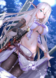 Rule 34 | 1girl, aqua eyes, backlighting, bangle, belt, black gloves, black panties, black thighhighs, blue eyes, blue gemstone, blush, bracelet, bracer, braid, breasts, cleavage cutout, clothes lift, clothing cutout, cloud, commentary request, crop top, earrings, elbow gloves, elf, full moon, garter straps, gem, gloves, gold, groin, hair between eyes, hair ornament, heterochromia, highleg, highleg panties, holding, holding sword, holding weapon, jewelry, katana, large breasts, lifting own clothes, light particles, long hair, looking at viewer, moon, multiple braids, navel, night, original, panties, pelvic curtain, pointy ears, red gemstone, sheath, sheathed, shirosuzu, shoulder tattoo, sidelocks, single elbow glove, skirt, skirt lift, sky, sleeveless crop top, solo, star (sky), starry sky, stomach, sword, tattoo, thighhighs, underboob, underbust, underwear, very long ears, very long hair, wading, weapon, white hair