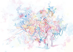 Rule 34 | 1girl, 24 (24phage), abstract, blonde hair, bob cut, brown eyes, bubble, flower, hand on another&#039;s face, hand on own face, nude, original, pale color, pastels, petals, ribbon, short hair, solo, standing, tears