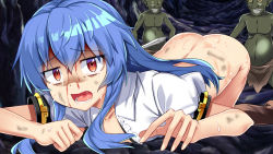 Rule 34 | 1girl, 2boys, ass, black legwear, blue hair, bottomless, commentary request, dirty, dirty face, e.o., feet out of frame, goblin, goblin male, grin, hair between eyes, head out of frame, hinanawi tenshi, loincloth, long hair, looking at viewer, multiple boys, no headwear, open mouth, pointy nose, puffy short sleeves, puffy sleeves, red eyes, shirt, short sleeves, sidelocks, smile, sweat, sword, tears, top-down bottom-up, touhou, weapon, white shirt