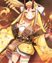 Rule 34 | 1girl, :d, absurdres, arm tattoo, beads, black hair, blonde hair, blush, collarbone, cowboy shot, earrings, facial mark, fate/grand order, fate (series), floral print, forehead mark, grin, hand on own hip, has bad revision, has downscaled revision, highres, holding, holding weapon, horns, ibaraki douji (fate), japanese clothes, jewelry, kagachi saku, kimono, long sleeves, looking at viewer, md5 mismatch, official art, oni horns, open clothes, open kimono, open mouth, pointy ears, prayer beads, red eyes, resolution mismatch, single bare shoulder, smile, solo, source smaller, sparks, standing, tassel, tattoo, teeth, weapon, wide sleeves, yellow kimono