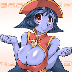 Rule 34 | &gt; &lt;, 1girl, between breasts, blue skin, blush, bondo, breasts, bursting breasts, capcom, china dress, chinese clothes, cleavage, cleavage cutout, clothing cutout, colored skin, dress, closed eyes, flipped hair, jiangshi, large breasts, lei lei, purple hair, red eyes, short hair, smile, solo, vampire (game)