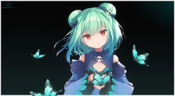 Rule 34 | 1girl, absurdres, artist name, bare shoulders, black background, black bow, blue dress, blush, border, bow, bug, butterfly, butterfly on hand, commentary request, double bun, dress, green butterfly, green hair, hair bun, hair ornament, highres, holding, hololive, insect, kana616, long sleeves, looking at viewer, medium hair, open mouth, own hands together, red eyes, skull hair ornament, skull ornament, smile, solo, uruha rushia, uruha rushia (1st costume), virtual youtuber, white border