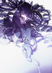 Rule 34 | 1girl, brooch, commentary, dress, drill hair, elbow gloves, expressionless, fingerless gloves, gloves, hair ornament, half-closed eyes, hatsune miku, highres, jewelry, knees up, lengchan (fu626878068), long hair, looking at viewer, purple dress, purple eyes, purple gloves, purple thighhighs, solo, thighhighs, twintails, very long hair, vocaloid
