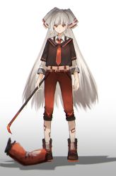 Rule 34 | 1girl, adapted costume, alternate costume, bad id, bad pixiv id, belt, bow, can, crowbar, drink can, ecku, fujiwara no mokou, full body, hair bow, hair ribbon, highres, holding, holding crowbar, long hair, necktie, pants, red eyes, red pants, ribbon, shirt, silver hair, simple background, sketch, soda can, solo, suspenders, touhou, very long hair, white background