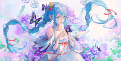 Rule 34 | 1girl, aqua eyes, azur lane, bare shoulders, blue hair, braid, bug, butterfly, crown, dress, flower, hair ribbon, hands up, highres, insect, janus (azur lane), long hair, looking at viewer, meinuoxuan 999, mini crown, open mouth, purple flower, red ribbon, ribbon, smile, solo, standing, tilted headwear, twin braids, upper body, white dress, wide sleeves