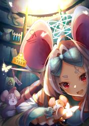 Rule 34 | 1girl, absurdres, animal ears, aonaginemuri, biohazard symbol, blue archive, bow, ear tag, fang, grey hair, hair bow, halo, highres, mouse (animal), mouse ears, mouse girl, mouse tail, nezusuke (blue archive), parted bangs, red eyes, saya (blue archive), short eyebrows, skin fang, solo, tail, two side up, white hair