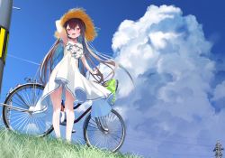Rule 34 | 1girl, arm behind head, arm up, bare arms, bare shoulders, bicycle, black hair, blue hair, blue sky, breasts, brown hat, cleavage, cleavage cutout, clothing cutout, cloud, cloudy sky, day, dress, hair between eyes, hat, kamioka shun&#039;ya, long hair, medium breasts, multicolored hair, original, outdoors, panties, pleated dress, pole, power lines, red eyes, sky, sleeveless, sleeveless dress, solo, standing, straw hat, transmission tower, two-tone hair, underwear, very long hair, white dress, white panties