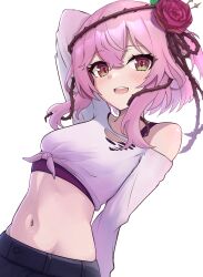 Rule 34 | 1girl, absurdres, arm behind head, blush, bra strap, breasts, commentary, english commentary, flower, hair between eyes, hair flower, hair ornament, highres, linea alba, looking at viewer, medium hair, midriff, navel, nijisanji, nijisanji en, open mouth, pink hair, plant, red eyes, rosemi lovelock, shirt, side ponytail, simple background, single off shoulder, small breasts, solo, stomach, telomere, thorns, tied shirt, torn clothes, torn shirt, vines, virtual youtuber, white background