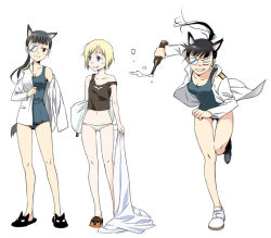 Rule 34 | 2girls, agahari, alcohol, animal ears, bed sheet, black hair, blonde hair, blue eyes, blush, bottle, brown eyes, camisole, dog ears, dressing, drunk, erica hartmann, eyepatch, grin, military, military uniform, multiple girls, no socks, panties, ponytail, running, sakamoto mio, slippers, smile, strike witches, swimsuit, swimsuit under clothes, tail, underwear, uniform, world witches series