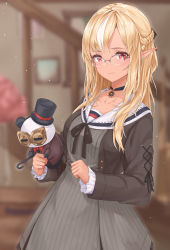 Rule 34 | 1girl, black choker, black jacket, black ribbon, blonde hair, braid, choker, clenched hand, closed mouth, dark-skinned female, dark skin, dress, elf, french braid, glasses, grey dress, hair down, hair ribbon, half updo, hat, highres, hololive, indoors, jacket, kintsuba (shiranui flare), long hair, long sleeves, looking at viewer, mini hat, mini top hat, official alternate costume, open clothes, open jacket, pinstripe dress, pinstripe pattern, pointy ears, red eyes, ribbon, sailor dress, shiranui flare, shiranui flare (street), shiunnkaku, smile, solo, striped, top hat, virtual youtuber