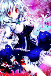 Rule 34 | 1girl, alternate costume, bad id, bad pixiv id, blood, blood on clothes, blue dress, blue hair, breasts, dress, embodiment of scarlet devil, female focus, izayoi sakuya, maid, nanase nao, red eyes, silver hair, smile, solo, thighhighs, touhou, white thighhighs, zettai ryouiki