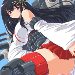 Rule 34 | 10s, 1girl, bare shoulders, black hair, breasts, cannon, dd (ijigendd), detached sleeves, female focus, fusou (kancolle), hair ornament, kantai collection, large breasts, long hair, miniskirt, nontraditional miko, panties, pantyshot, red eyes, red thighhighs, skirt, smile, solo, thighhighs, underwear, upskirt, weapon, white panties