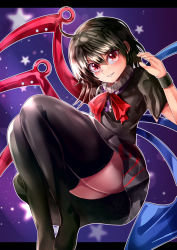 Rule 34 | 1girl, absurdres, ass, asymmetrical wings, black dress, black hair, black thighhighs, breasts, commentary request, dress, full body, hair between eyes, highres, houjuu nue, letterboxed, looking at viewer, mahoro (minase mahoro), medium hair, neckerchief, no shoes, open mouth, print dress, purple background, red eyes, red neckerchief, shiny clothes, shiny legwear, small breasts, solo, teeth, thighhighs, touhou, v-shaped eyebrows, wings