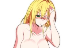 Rule 34 | 1girl, blonde hair, blush, breasts, breath, closed mouth, collarbone, embarrassed, game cg, glasses, green eyes, hair between eyes, large breasts, long hair, nude, nuko majin, one eye closed, out-of-frame censoring, simple background, tearju lunatique, to love-ru, to love-ru darkness, upper body