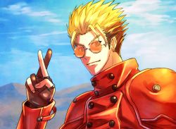 Rule 34 | 1boy, blonde hair, crossed fingers, gloves, male focus, manly, mole, shingo (picturepuzzle), solo, sunglasses, trigun, v, vash the stampede
