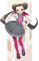 Rule 34 | 1girl, blush, brown hair, collared shirt, creatures (company), dress, game freak, grey dress, gym leader, hair pulled back, hand on own hip, highres, holding, itaboon, long hair, looking at viewer, necktie, nintendo, open mouth, pantyhose, pink pantyhose, poke ball, pokemon, pokemon rse, red eyes, ribbon, roxanne (pokemon), shirt, shoes, short sleeves, simple background, smile, solo, teeth, twintails, twintails day, upper teeth only, white shirt