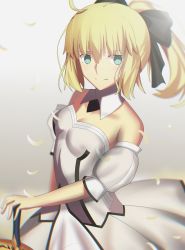 Rule 34 | 1girl, ahoge, aqua eyes, artoria pendragon (fate), black bow, blonde hair, bow, breasts, cleavage, closed mouth, detached collar, detached sleeves, dress, excalibur (fate/stay night), fate/unlimited codes, fate (series), floating hair, grey background, hair bow, hand on hilt, highres, long hair, looking at viewer, medium breasts, petals, ponytail, saber lily, short sleeves, sidelocks, sitnon, sleeveless, sleeveless dress, smile, solo, standing, strapless, strapless dress, sword, weapon, white dress, white sleeves