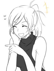 Rule 34 | 00s, 1girl, 6 (yuchae), bare shoulders, closed eyes, greyscale, laughing, melty blood, monochrome, open mouth, riesbyfe stridberg, simple background, sleeveless, smile, solo, tsukihime, white background