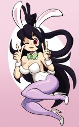 Rule 34 | 1girl, alternate costume, black hair, bow, bowtie, breasts, bunny ears prank, detached collar, double v, dushon, filia (skullgirls), hairband, high heels, highres, large breasts, leotard, lips, long hair, one eye closed, pantyhose, playboy bunny, rabbit ears, rabbit tail, red eyes, samson (skullgirls), skullgirls, smile, solo, thick thighs, thighs, v, wrist cuffs