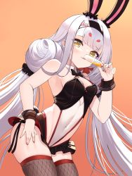 Rule 34 | 1girl, animal ears, azur lane, black hairband, blush, bow, bowtie, breasts, brown thighhighs, champagne flute, cleavage, cup, detached collar, drinking glass, fake animal ears, hairband, highleg, highleg leotard, highres, leotard, lips, long hair, looking at viewer, maru039, official alternate costume, playboy bunny, rabbit ears, rabbit tail, shimakaze (azur lane), shimakaze (world&#039;s speediest bunny waitress) (azur lane), simple background, skindentation, small breasts, smile, solo, tail, thighhighs, very long hair, white hair, wrist cuffs, yellow eyes