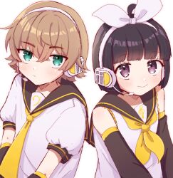 Rule 34 | 1boy, 1girl, ahoge, amatori chika, babu bi, bare shoulders, black hair, black sailor collar, blush, bob cut, bow, brown hair, closed mouth, cosplay, detached sleeves, ema yuzuru, frown, green eyes, hair bow, hairband, headphones, headset, highres, kagamine len, kagamine len (cosplay), kagamine rin, kagamine rin (cosplay), light brown hair, looking at viewer, neckerchief, necktie, puffy short sleeves, puffy sleeves, purple eyes, sailor collar, shirt, short hair, short sleeves, side-by-side, simple background, smile, upper body, vocaloid, white background, white bow, white shirt, world trigger, yellow neckerchief, yellow necktie