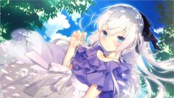 Rule 34 | 1girl, black bow, blue eyes, blue sky, blush, bow, closed mouth, cloud, collarbone, day, floating hair, game cg, hair between eyes, hair bow, honda tamanosuke, jewelry, long hair, momiji to one room, necklace, outdoors, purple shirt, shirt, short sleeves, skirt, sky, solo, suzakuin momiji, very long hair, white hair, white skirt