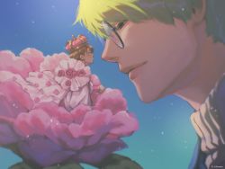 Rule 34 | a3!, blue background, brown hair, chigasaki itaru, chikuwa (dr0603), closed eyes, closed mouth, couple, cross, crown, face-to-face, facing another, flower, from side, glasses, gradient background, green hair, half-closed eyes, highres, imminent kiss, light particles, lips, looking at another, looking away, mini person, miniboy, on flower, pink flower, pink rose, portrait, profile, puckered lips, red headwear, rose, short hair, smile, turtleneck, twitter username, utsuki chikage, yaoi