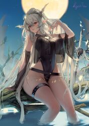 Rule 34 | 1girl, arknights, bare shoulders, belt, black belt, black one-piece swimsuit, breast curtain, breasts, covered navel, hair between eyes, hand in own hair, highleg, highleg swimsuit, highres, horns, kyuri tizu, large breasts, light blush, long hair, looking at viewer, naughty face, official alternate costume, one-piece swimsuit, outdoors, parted lips, perky breasts, red eyes, shaded face, shining (arknights), shining (silent night) (arknights), sitting on log, skindentation, solo, swimsuit, teeth, thick thighs, thigh strap, thighs, tree, upper body, very long hair, water, white hair
