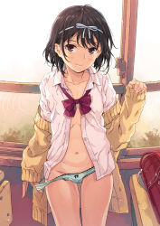 Rule 34 | 1girl, backpack, bag, black hair, blue panties, blush, brown eyes, buttons, cardigan, classroom, collarbone, collared shirt, commentary request, cowboy shot, desk, dress shirt, flat chest, hand up, highres, indoors, kno1, light smile, looking at viewer, medium hair, navel, off shoulder, open clothes, original, panties, panty pull, pulling own clothes, randoseru, ribbon, school, school desk, school uniform, shirt, solo, standing, underwear, white ribbon, white shirt, window, yellow cardigan