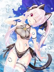 Rule 34 | 1girl, animal ear fluff, animal ears, bikini, black bikini, blush, breasts, cat ears, cat tail, crown, day, fang, four goddesses online: cyber dimension neptune, halterneck, highres, kuronekohime, long hair, looking at viewer, medium breasts, mini crown, neptune (series), ocean, one eye closed, open mouth, outdoors, pink eyes, pink hair, smile, solo, standing, swimsuit, tail, twintails, water drop