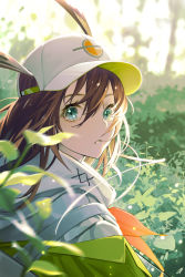 Rule 34 | 1girl, amiya (arknights), animal ears, aqua eyes, arknights, backlighting, baseball cap, brown hair, bush, coat, commentary, day, english commentary, from behind, hair between eyes, hat, highres, hood, hood down, hooded coat, long sleeves, looking at viewer, looking back, official alternate costume, outdoors, parted lips, rabbit ears, solo, sunlight, upper body, white coat, white hat, zhuang yao