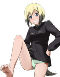 Rule 34 | 1girl, animal ears, barefoot, blonde hair, blue eyes, blush, erica hartmann, feet, flat chest, from below, green panties, grin, hands on own hips, hip focus, leg lift, looking down, military, multicolored hair, panties, short hair, smile, soles, solo, strike witches, tail, toe scrunch, toes, underwear, uniform, world witches series, youkan