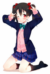 Rule 34 | 10s, 1girl, black hair, black socks, blazer, blush, bow, cardigan, double m/, fang, full body, hair bow, jacket, kneehighs, kneeling, long hair, looking at viewer, love live!, love live! school idol project, m/, meito (maze), no shoes, one eye closed, open clothes, open jacket, pleated skirt, red eyes, school uniform, skirt, smile, socks, solo, twintails, yazawa nico